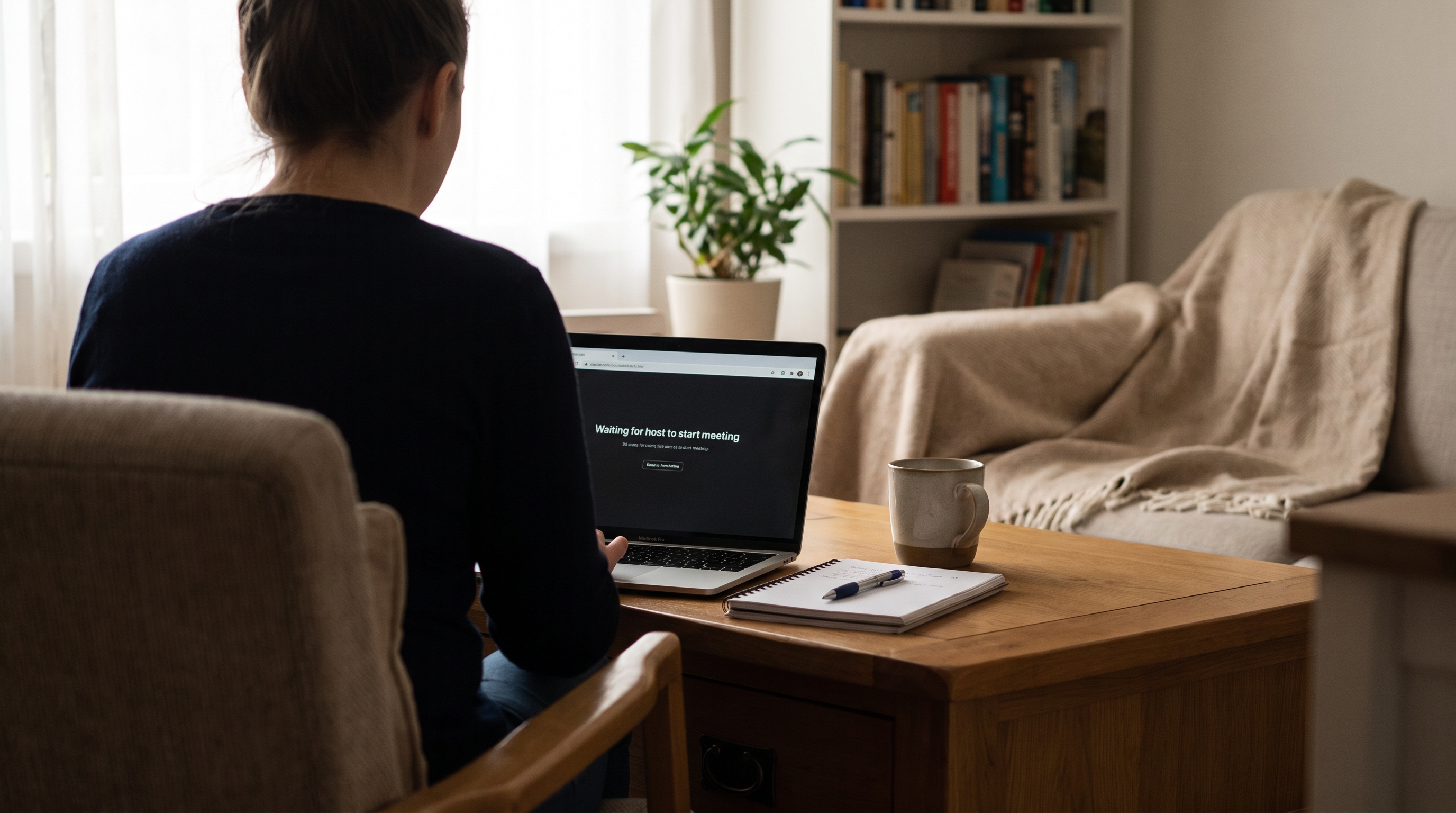 Person seated at home with a laptop prepared for a telehealth appointment